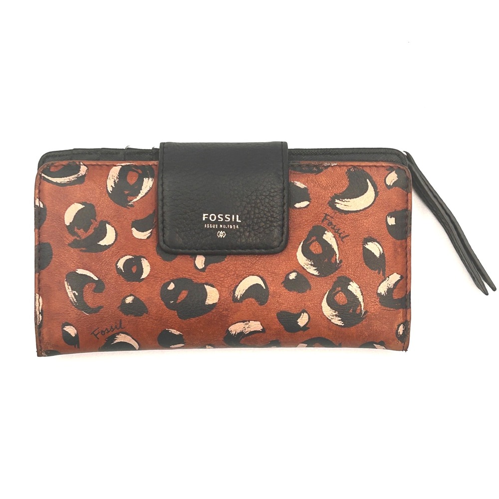 Fossil Leopard Print Bifold Wallet Brown Black Leather Snap Wristlet Slim Clutch